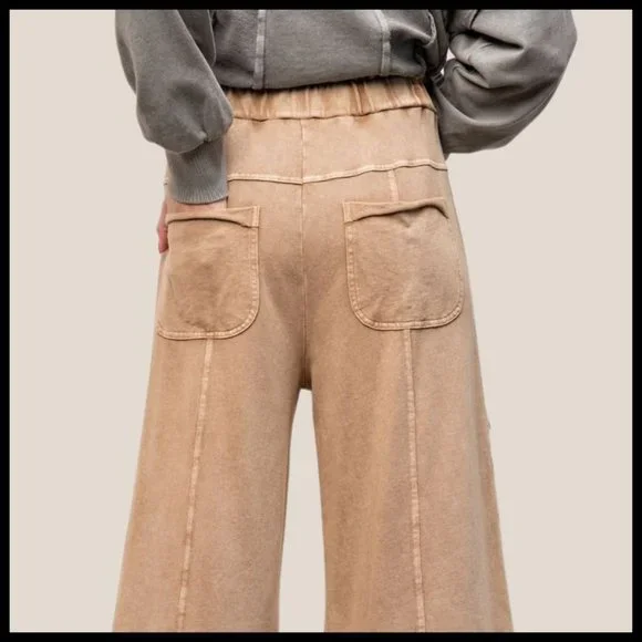 EASEL "Perfect Cargo" Terry Knit Mineral Washed Flared Leg Pants Raw Hem & Seams - Picture 7 of 15